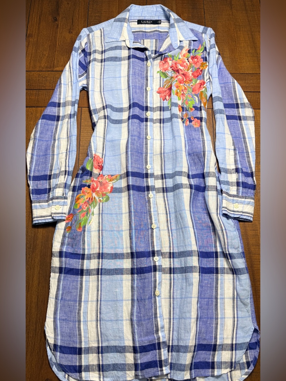 Lauren Ralph Lauren Women’s Size 4 Linen Plaid Floral Button Front Shirt Dress
